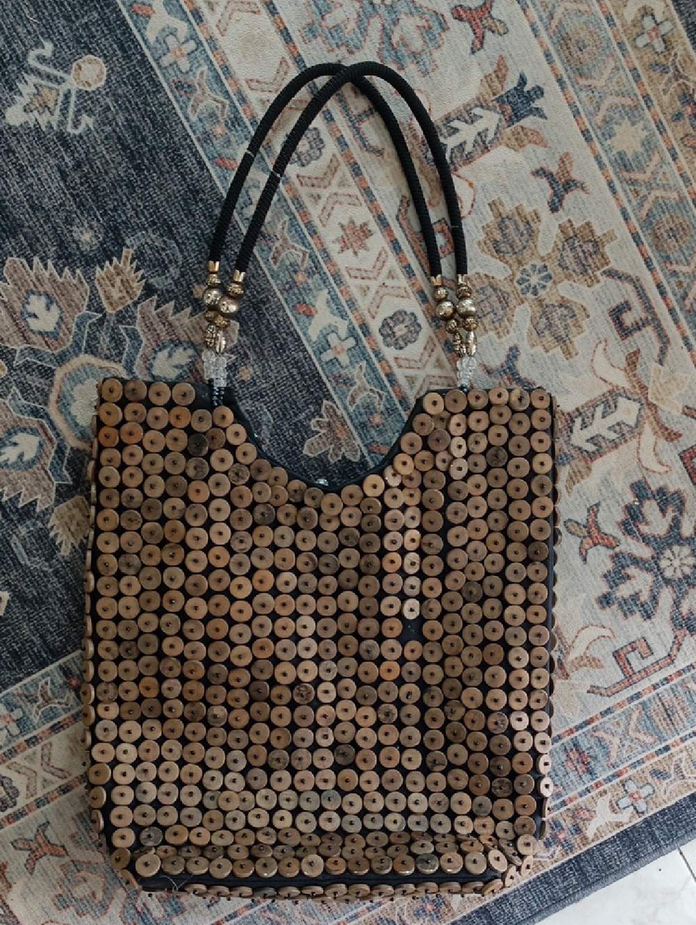 Handcrafted Shell & Wood Bead Tote Bag - Natural Brown - Picture 2 of 9